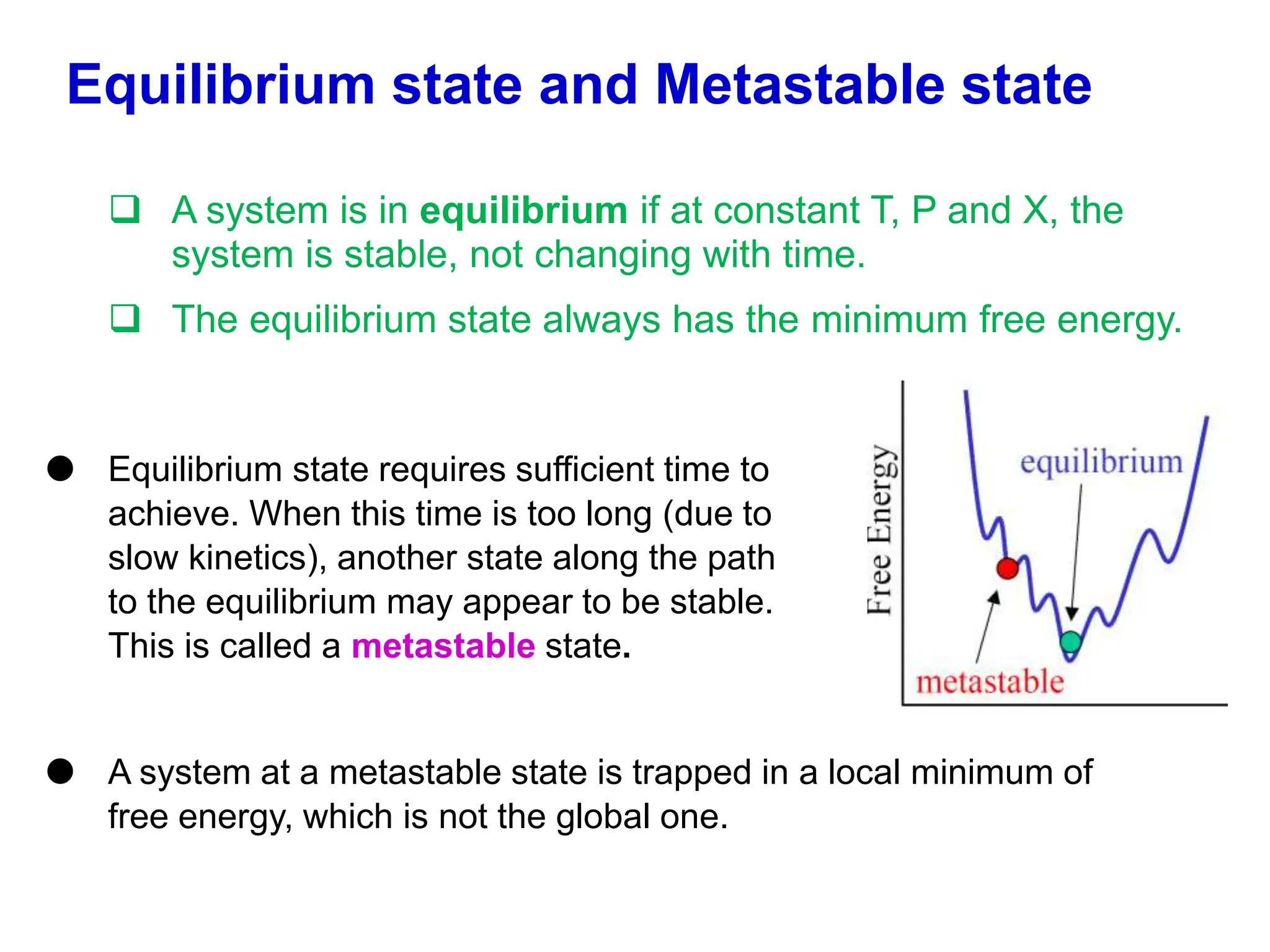  A system is in equilibrium if at constant T, P and X, the
system is stable, not changing with time.
 The equilibrium state always has the minimum free energy.
Equilibrium state and Metastable state
 Equilibrium state requires sufficient time to
achieve. When this time is too long (due to
slow kinetics), another state along the path
to the equilibrium may appear to be stable.
This is called a metastable state.
 A system at a metastable state is trapped in a local minimum of
free energy, which is not the global one.
 