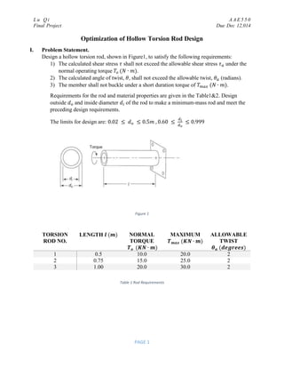 L u Q i A A E 5 5 0
Final Project Due Dec 12,014
PAGE 1
Optimization of Hollow Torsion Rod Design
I. Problem Statement.
Design a hollow torsion rod, shown in Figure1, to satisfy the following requirements:
1) The calculated shear stress 𝜏 shall not exceed the allowable shear stress 𝜏 𝑎 under the
normal operating torque 𝑇𝑜 (𝑁 ∙ 𝑚).
2) The calculated angle of twist, 𝜃, shall not exceed the allowable twist, 𝜃 𝑎 (radians).
3) The member shall not buckle under a short duration torque of 𝑇 𝑚𝑎𝑥 (𝑁 ∙ 𝑚).
Requirements for the rod and material properties are given in the Table1&2. Design
outside 𝑑 𝑜 and inside diameter 𝑑𝑖 of the rod to make a minimum-mass rod and meet the
preceding design requirements.
The limits for design are: 0.02 ≤ 𝑑 𝑜 ≤ 0.5𝑚 , 0.60 ≤
𝑑𝑖
𝑑 𝑜
≤ 0.999
Figure 1
TORSION
ROD NO.
LENGTH 𝒍 (𝒎) NORMAL
TORQUE
𝑻 𝒐 (𝑲𝑵 ∙ 𝒎)
MAXIMUM
𝑻 𝒎𝒂𝒙 (𝑲𝑵 ∙ 𝒎)
ALLOWABLE
TWIST
𝜽 𝒂 (𝒅𝒆𝒈𝒓𝒆𝒆𝒔)
1 0.5 10.0 20.0 2
2 0.75 15.0 25.0 2
3 1.00 20.0 30.0 2
Table 1 Rod Requirements
 