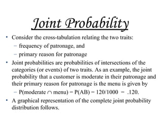 Joint Probability
• Consider the cross-tabulation relating the two traits:
– frequency of patronage, and
– primary reason for patronage
• Joint probabilities are probabilities of intersections of the
categories (or events) of two traits. As an example, the joint
probability that a customer is moderate in their patronage and
their primary reason for patronage is the menu is given by
– P(moderate ∩ menu) = P(AB) = 120/1000 = .120.
• A graphical representation of the complete joint probability
distribution follows.
 