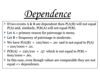 Dependence
 If two events A & B are dependent then P(A|B) will not equal
P(A) and, similarly, P(B|A) will not equal P(B).
 Let A = primary reason for patronage is menu.
 Let B = frequency of patronage is moderate.
 We have P(A|B) = 120/600 = .20 and is not equal to P(A)
= 210/1000 = .21.
 P(B|A) = 120/210 = .57 which is not equal to P(B) =
600/1000 = .60.
 In this case, even though values are comparable they are not
equal => dependence.
 