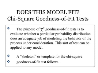 DOES THIS MODEL FIT?
Chi-Square Goodness-of-Fit Tests
 The purpose of χ2
goodness-of-fit tests is to
evaluate whether a particular probability distribution
does an adequate job of modeling the behavior of the
process under consideration. This sort of test can be
applied to any model.
 A “skeleton” or template for the chi-square
 goodness-of-fit test follows.
 
