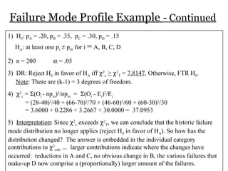 Failure Mode Profile Example - Continued
1) H0: pA = .20, pB = .35, pC = .30, pD = .15
HA: at least one pi ≠ pi0 for i = A, B, C, D
2) n = 200 α = .05
3) DR: Reject H0 in favor of HA iff χ2
c > χ2
T = 7.8147. Otherwise, FTR H0.
Note: There are (k-1) = 3 degrees of freedom.
4) χ2
c = Σ(Oi - npio)2
/npio = Σ(Oi - Ei)2
/Ei
= (28-40)2
/40 + (66-70)2
/70 + (46-60)2
/60 + (60-30)2
/30
= 3.6000 + 0.2286 + 3.2667 + 30.0000 = 37.0953
5) Interpretation: Since χ2
c exceeds χ2
T, we can conclude that the historic failure
mode distribution no longer applies (reject H0 in favor of HA). So how has the
distribution changed? The answer is embedded in the individual category
contributions to χ2
calc ... larger contributions indicate where the changes have
occurred: reductions in A and C, no obvious change in B, the various failures that
make-up D now comprise a (proportionally) larger amount of the failures.
 