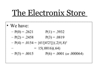 The Electronix Store
• We have:
– P(0) = .2621 P(1) = .3932
– P(2) = .2458 P(3) = .0819
– P(4) = .0154 = {6!/[4!2!]}(.2)4
(.8)2
– = 15(.0016)(.64)
– P(5) = .0015 P(6) = .0001 (or .000064)
 