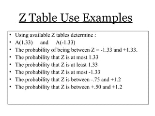Z Table Use Examples
• Using available Z tables determine :
• A(1.33) and A(-1.33)
• The probability of being between Z = -1.33 and +1.33.
• The probability that Z is at most 1.33
• The probability that Z is at least 1.33
• The probability that Z is at most -1.33
• The probability that Z is between -.75 and +1.2
• The probability that Z is between +.50 and +1.2
 