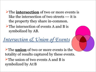 Intersection & Union of Events
The intersection of two or more events is
like the intersection of two streets --- it is
the property they share in-common.
The intersection of events A and B is
symbolized by AB.
The union of two or more events is the
totality of results captured by these events.
The union of two events A and B is
symbolized by AUB
 