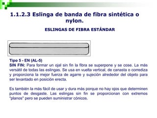 1.1.2.3 Eslinga de banda de fibra sintética o
nylon.
ESLINGAS DE FIBRA ESTÁNDAR
Tipo 5 - EN (AL-5)
SIN FIN: Para formar un ojal sin fin la fibra se superpone y se cose. La más
versátil de todas las eslingas. Se usa en vuelta vertical, de canasta o corrediza
y proporciona la mejor fuerza de agarre y sujeción alrededor del objeto para
ser levantado en posición erecta.
Es también la más fácil de usar y dura más porque no hay ojos que determinen
puntos de desgaste. Las eslingas sin fin se proporcionan con extremos
"planos" pero se pueden suministrar cónicos.
 