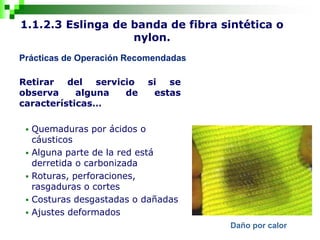 1.1.2.3 Eslinga de banda de fibra sintética o
nylon.
Prácticas de Operación Recomendadas
Retirar del servicio si se
observa alguna de estas
características…
 Quemaduras por ácidos o
cáusticos
 Alguna parte de la red está
derretida o carbonizada
 Roturas, perforaciones,
rasgaduras o cortes
 Costuras desgastadas o dañadas
 Ajustes deformados
Daño por calor
 