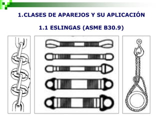1.CLASES DE APAREJOS Y SU APLICACIÓN
1.1 ESLINGAS (ASME B30.9)
 