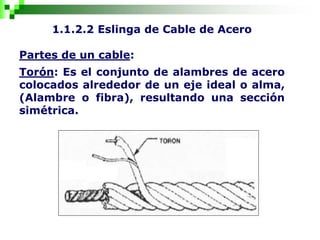 1.1.2.2 Eslinga de Cable de Acero
Partes de un cable:
Torón: Es el conjunto de alambres de acero
colocados alrededor de un eje ideal o alma,
(Alambre o fibra), resultando una sección
simétrica.
 