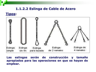 1.1.2.2 Eslinga de Cable de Acero
Tipos:
Las eslingas serán de construcción y tamaño
apropiados para las operaciones en que se hayan de
emplear.
 