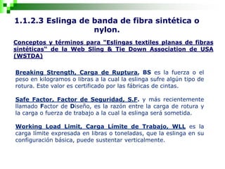 1.1.2.3 Eslinga de banda de fibra sintética o
nylon.
Conceptos y términos para "Eslingas textiles planas de fibras
sintéticas“ de la Web Sling & Tie Down Association de USA
(WSTDA)
Breaking Strength, Carga de Ruptura, BS es la fuerza o el
peso en kilogramos o libras a la cual la eslinga sufre algún tipo de
rotura. Este valor es certificado por las fábricas de cintas.
Safe Factor, Factor de Seguridad, S.F. y más recientemente
llamado Factor de Diseño, es la razón entre la carga de rotura y
la carga o fuerza de trabajo a la cual la eslinga será sometida.
Working Load Limit, Carga Límite de Trabajo, WLL es la
carga límite expresada en libras o toneladas, que la eslinga en su
configuración básica, puede sustentar verticalmente.
 