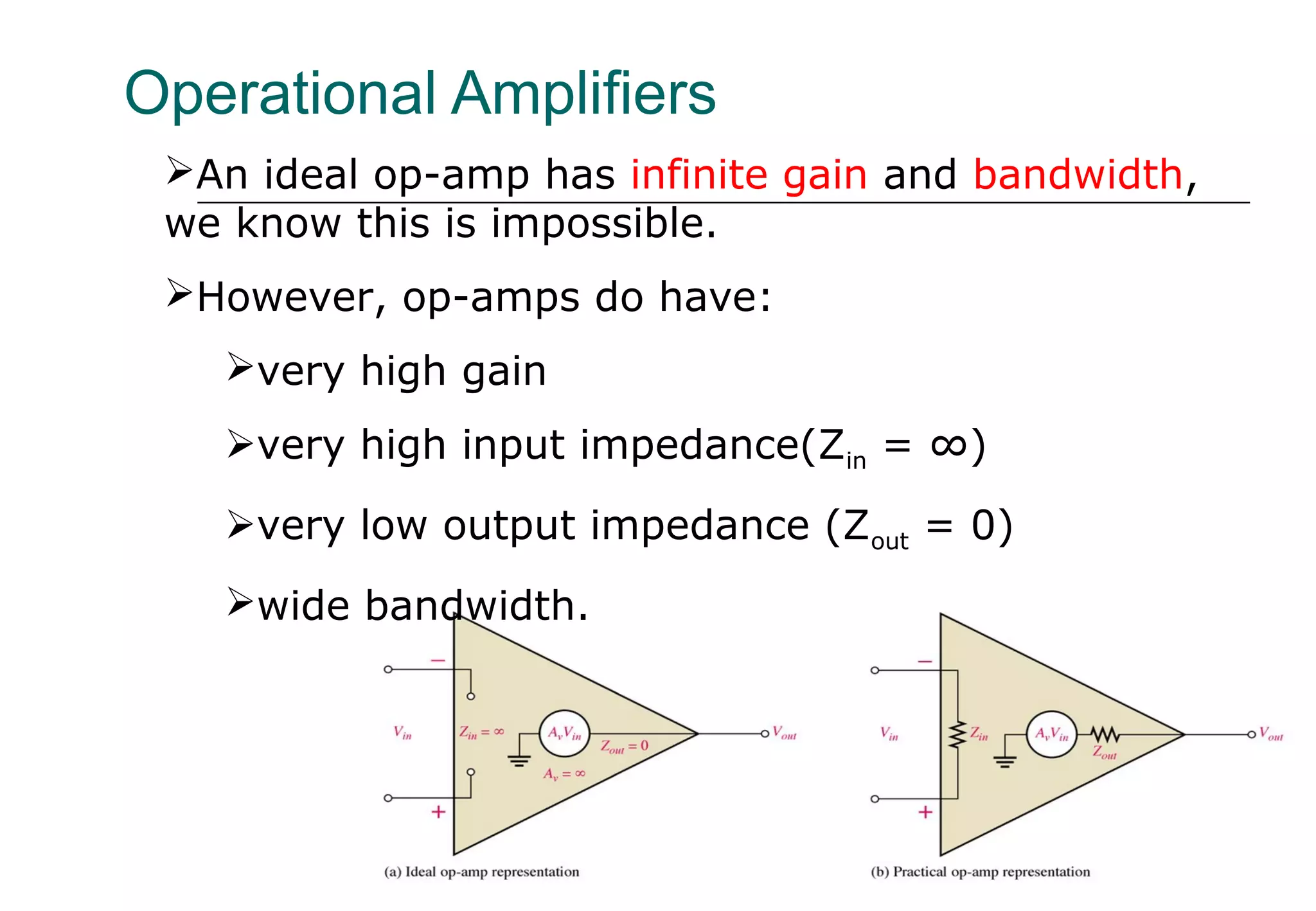 introduction
Operational Amplifiers
An ideal op-amp has infinite gain and bandwidth,
we know this is impossible.
However, op-amps do have:
very high gain
very high input impedance(Zin = ∞)
very low output impedance (Zout = 0)
wide bandwidth.
 
