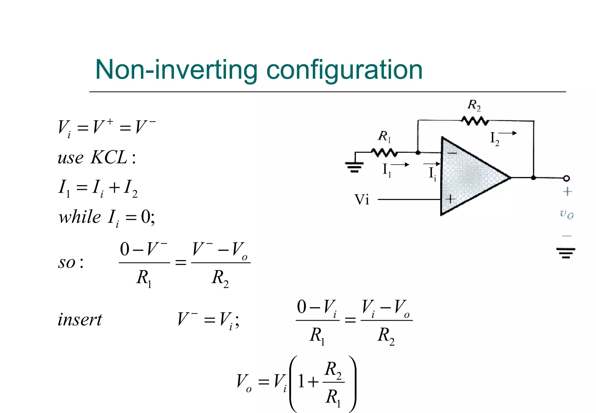 Non-inverting configuration






+=
−
=
−
=
−
=
−
=
+=
==
−
−−
−+
1
2
21
21
21
1
0
;
0
:
;0
:
R
R
VV
R
VV
R
V
VVinsert
R
VV
R
V
so
Iwhile
III
KCLuse
VVV
io
oii
i
o
i
i
i
Vi
I1
I2
Ii
 