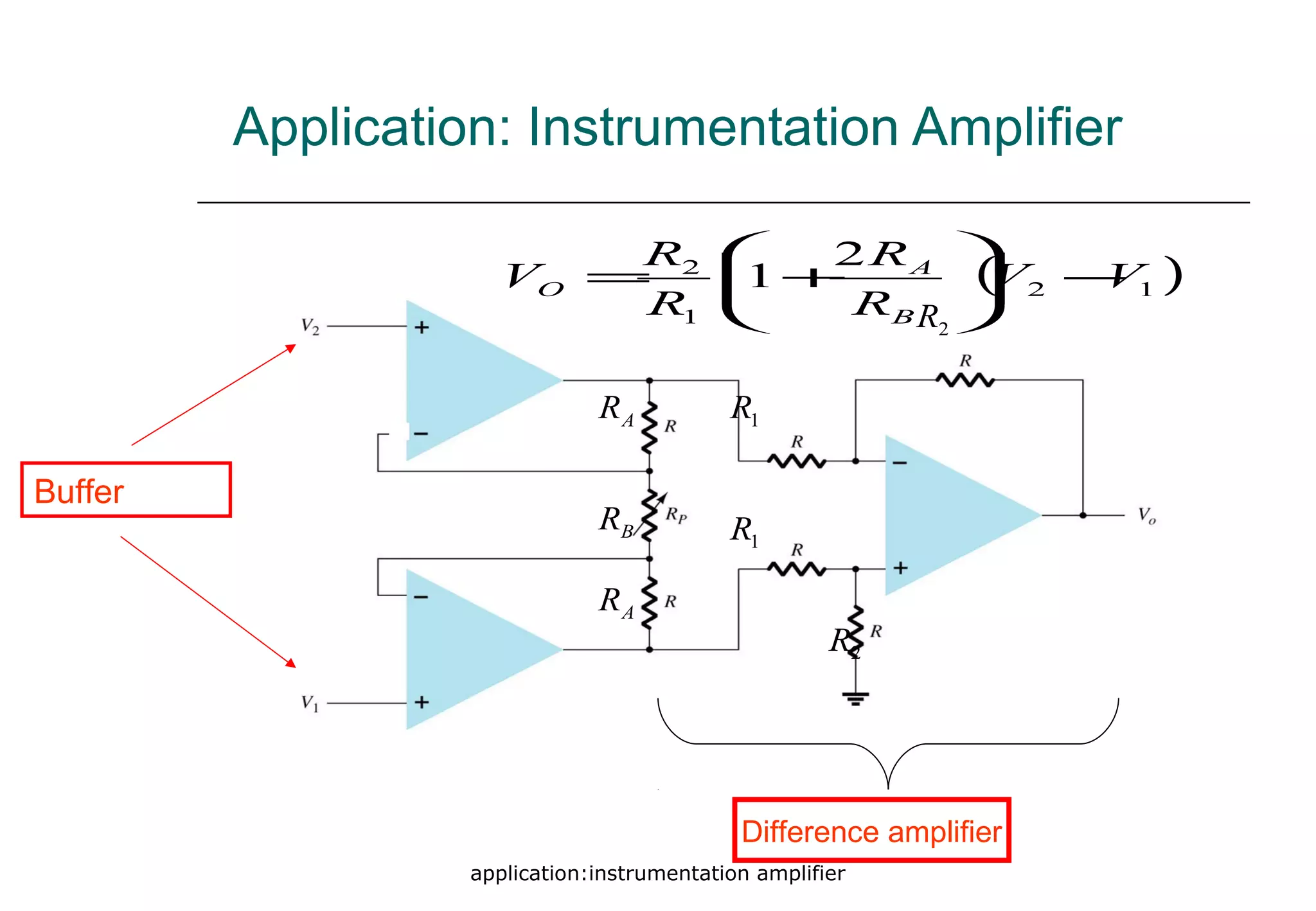 application:instrumentation amplifier
Application: Instrumentation Amplifier
2R
Buffer
2R
1R
1R
AR
BR
AR
Difference amplifier
( )12
1
2 2
1 VV
R
R
R
R
V
B
A
O −





+=
2R
 