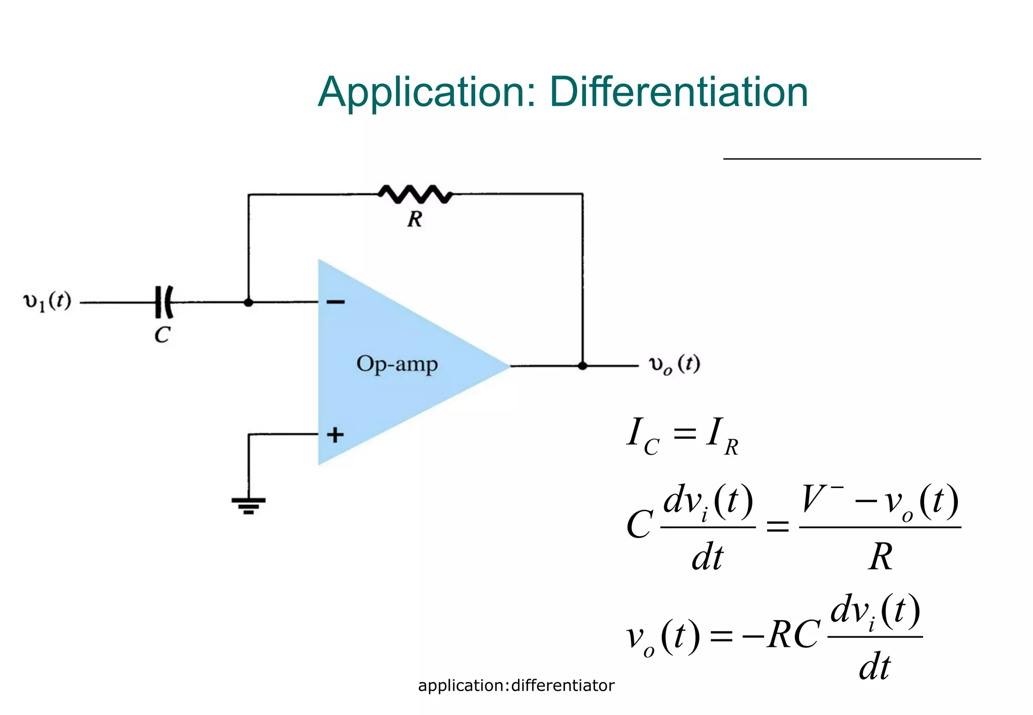 application:differentiator
Application: Differentiation
dt
tdv
RCtv
R
tvV
dt
tdv
C
II
i
o
oi
RC
)(
)(
)()(
−=
−
=
=
−
 