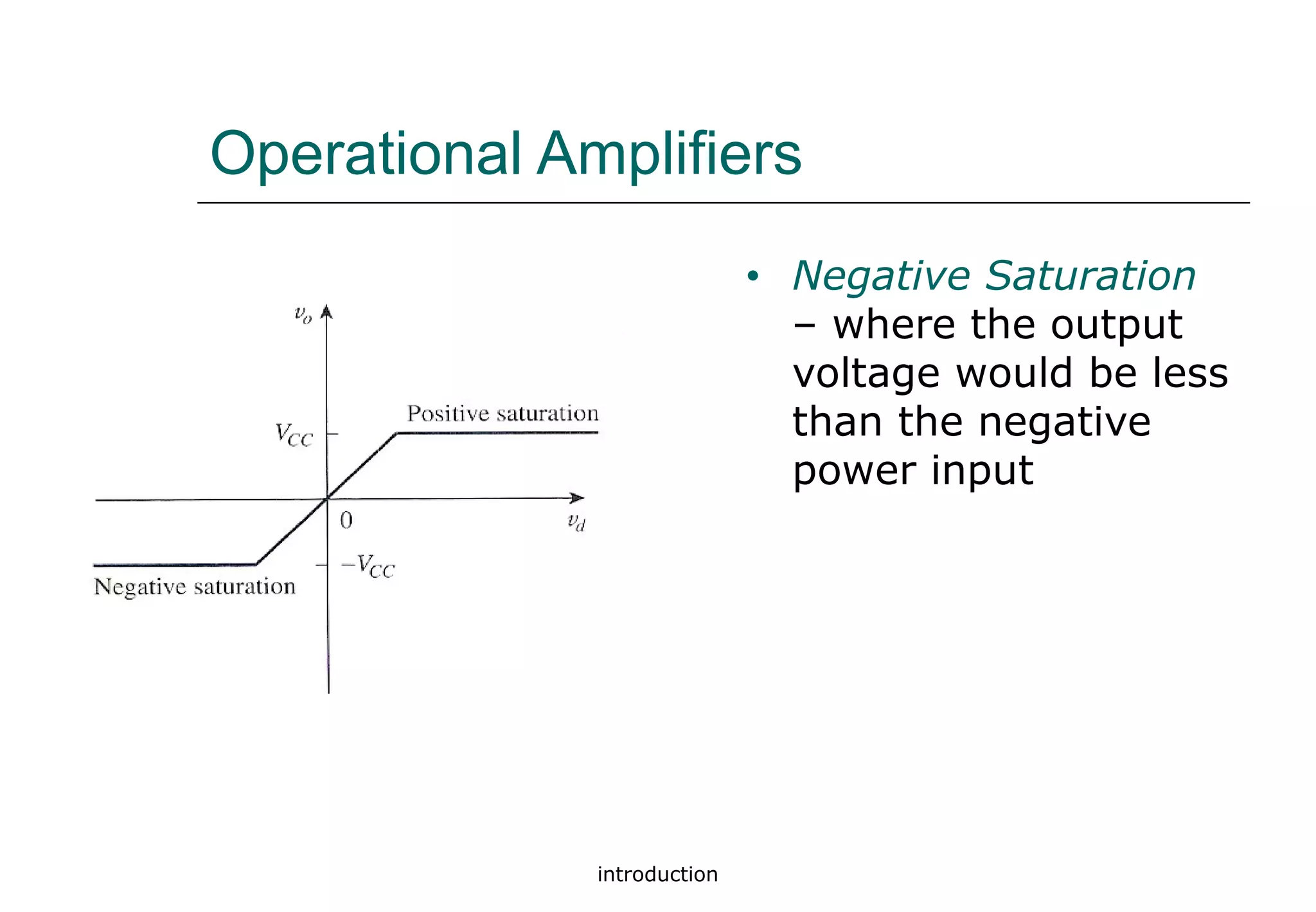 introduction
Operational Amplifiers
• Negative Saturation
– where the output
voltage would be less
than the negative
power input
 