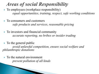  To employees (workplace responsibility)
equal opportunities, training, respect, safe working conditions
 To consumers and customers
safe products and services, reasonable pricing
 To investors and financial community
accurate reporting, no bribes or insider trading
 To the general public
avoid unlawful competition, ensure social welfare and
philanthropic donations
 To the natural environment
prevent pollution of all kinds
 