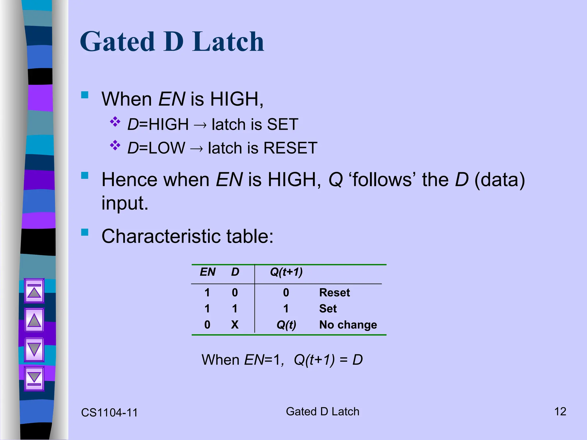 CS1104-11 Gated D Latch 12
Gated D Latch
 When EN is HIGH,
 D=HIGH  latch is SET
 D=LOW  latch is RESET
 Hence when EN is HIGH, Q ‘follows’ the D (data)
input.
 Characteristic table:
When EN=1, Q(t+1) = D
EN D Q(t+1)
1 0 0 Reset
1 1 1 Set
0 X Q(t) No change
 