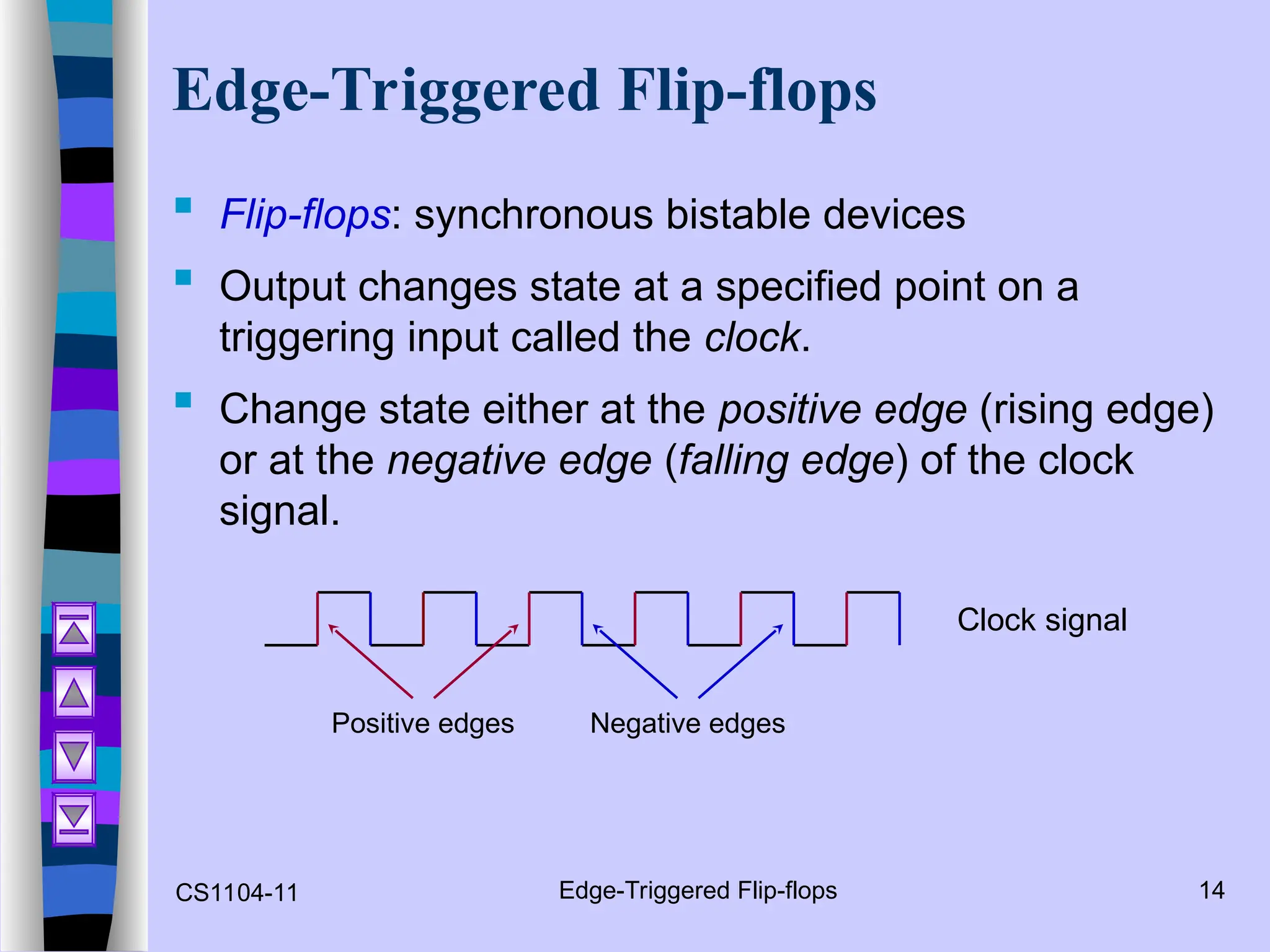 CS1104-11 Edge-Triggered Flip-flops 14
Edge-Triggered Flip-flops
 Flip-flops: synchronous bistable devices
 Output changes state at a specified point on a
triggering input called the clock.
 Change state either at the positive edge (rising edge)
or at the negative edge (falling edge) of the clock
signal.
Positive edges Negative edges
Clock signal
 