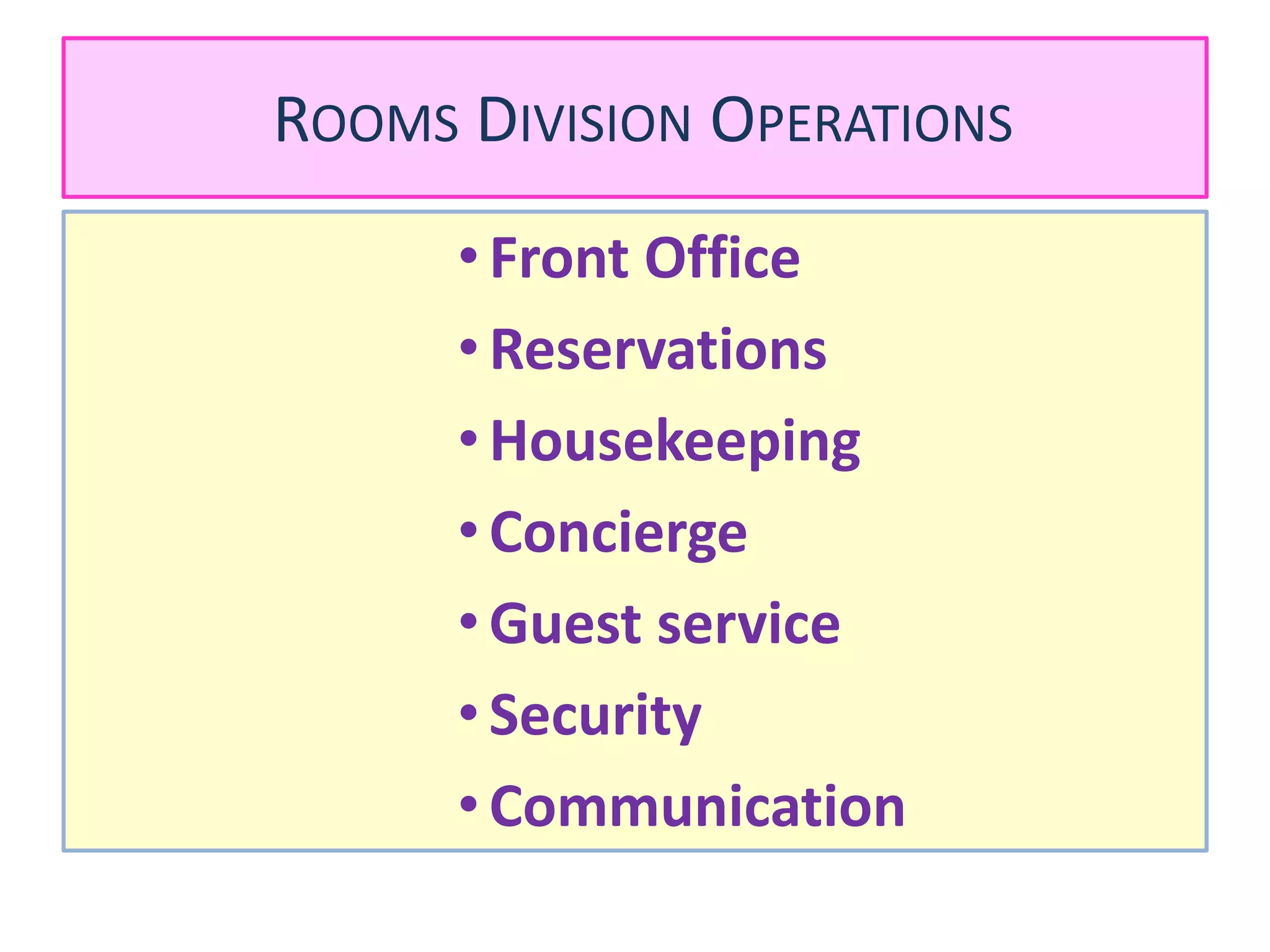ROOMS DIVISION OPERATIONS
•Front Office
•Reservations
•Housekeeping
•Concierge
•Guest service
•Security
•Communication
 