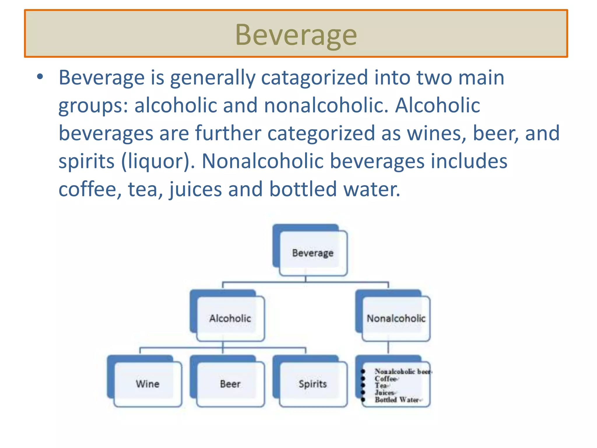 Beverage
• Beverage is generally catagorized into two main
groups: alcoholic and nonalcoholic. Alcoholic
beverages are further categorized as wines, beer, and
spirits (liquor). Nonalcoholic beverages includes
coffee, tea, juices and bottled water.
 