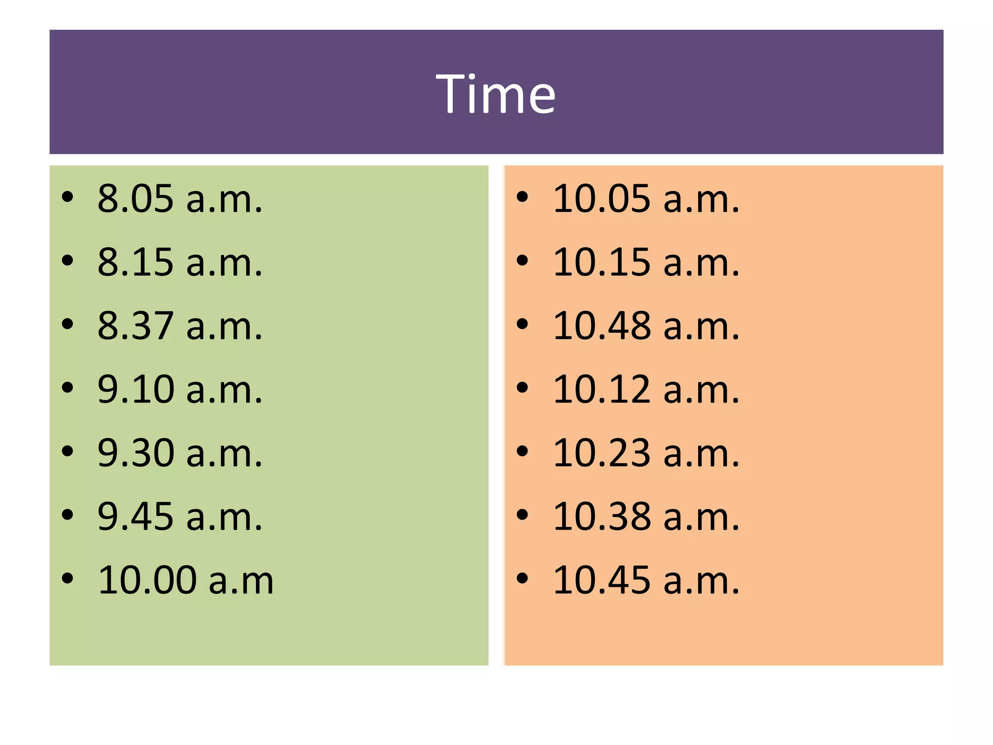 Time
• 8.05 a.m.
• 8.15 a.m.
• 8.37 a.m.
• 9.10 a.m.
• 9.30 a.m.
• 9.45 a.m.
• 10.00 a.m
• 10.05 a.m.
• 10.15 a.m.
• 10.48 a.m.
• 10.12 a.m.
• 10.23 a.m.
• 10.38 a.m.
• 10.45 a.m.
 