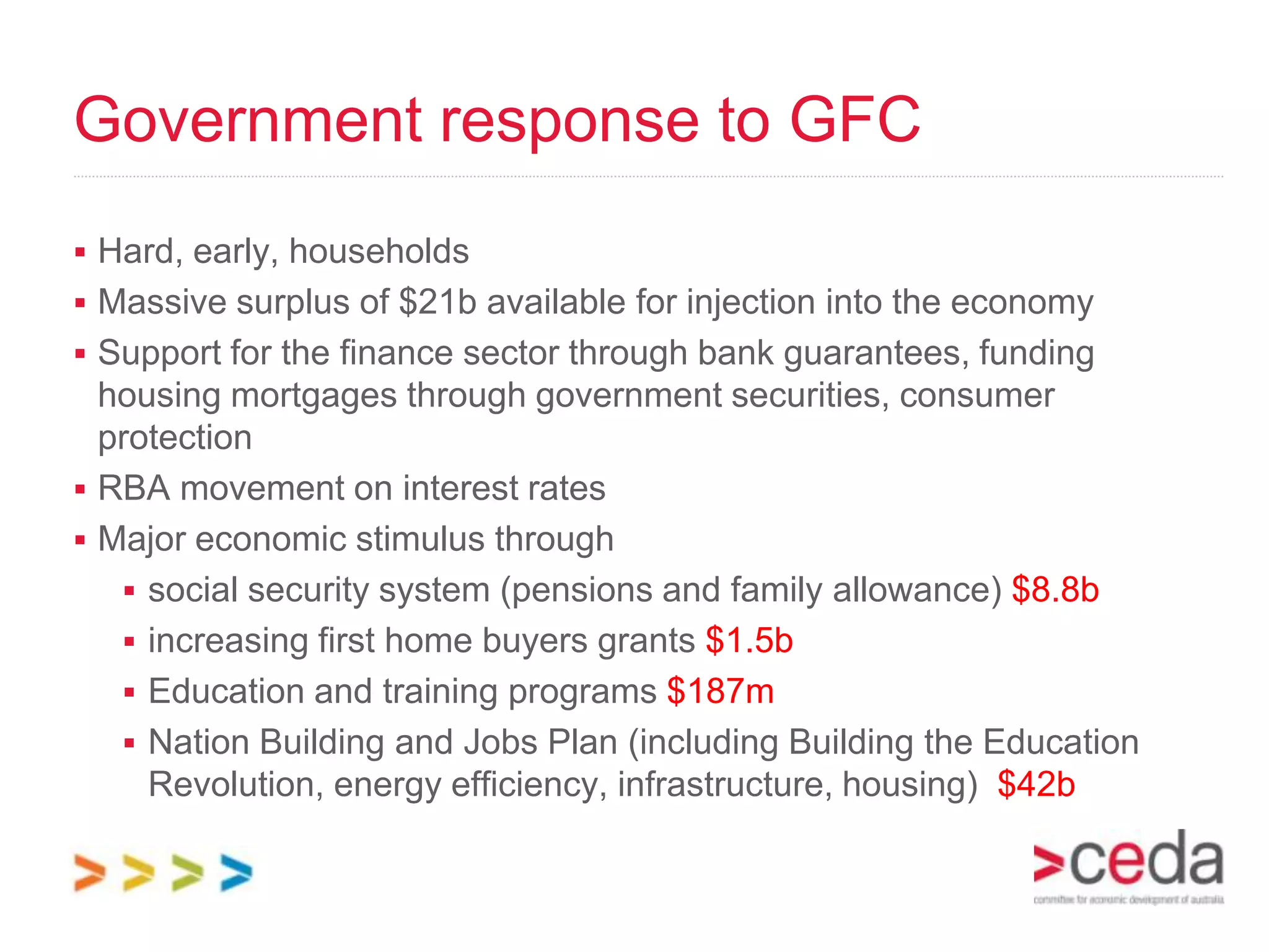 Government response to GFC
 Hard, early, households
 Massive surplus of $21b available for injection into the economy
 Support for the finance sector through bank guarantees, funding
  housing mortgages through government securities, consumer
  protection
 RBA movement on interest rates
 Major economic stimulus through
    social security system (pensions and family allowance) $8.8b
    increasing first home buyers grants $1.5b
    Education and training programs $187m
    Nation Building and Jobs Plan (including Building the Education
     Revolution, energy efficiency, infrastructure, housing) $42b
 