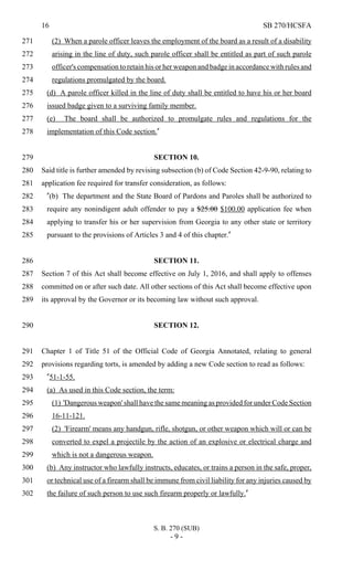 16 SB 270/HCSFA
S. B. 270 (SUB)
- 9 -
(2) When a parole officer leaves the employment of the board as a result of a disability271
arising in the line of duty, such parole officer shall be entitled as part of such parole272
officer's compensation to retain his or her weapon and badge in accordance with rules and273
regulations promulgated by the board.274
(d) A parole officer killed in the line of duty shall be entitled to have his or her board275
issued badge given to a surviving family member.276
(e) The board shall be authorized to promulgate rules and regulations for the277
implementation of this Code section."278
SECTION 10.279
Said title is further amended by revising subsection (b) of Code Section 42-9-90, relating to280
application fee required for transfer consideration, as follows:281
"(b) The department and the State Board of Pardons and Paroles shall be authorized to282
require any nonindigent adult offender to pay a $25.00 $100.00 application fee when283
applying to transfer his or her supervision from Georgia to any other state or territory284
pursuant to the provisions of Articles 3 and 4 of this chapter."285
SECTION 11.286
Section 7 of this Act shall become effective on July 1, 2016, and shall apply to offenses287
committed on or after such date. All other sections of this Act shall become effective upon288
its approval by the Governor or its becoming law without such approval.289
SECTION 12.290
Chapter 1 of Title 51 of the Official Code of Georgia Annotated, relating to general291
provisions regarding torts, is amended by adding a new Code section to read as follows:292
"51-1-55.293
(a) As used in this Code section, the term:294
(1) 'Dangerous weapon' shall have the same meaning as provided for under Code Section295
16-11-121.296
(2) 'Firearm' means any handgun, rifle, shotgun, or other weapon which will or can be297
converted to expel a projectile by the action of an explosive or electrical charge and298
which is not a dangerous weapon.299
(b) Any instructor who lawfully instructs, educates, or trains a person in the safe, proper,300
or technical use of a firearm shall be immune from civil liability for any injuries caused by301
the failure of such person to use such firearm properly or lawfully."302
 