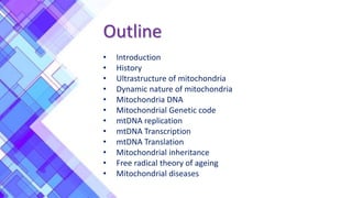 Outline
• Introduction
• History
• Ultrastructure of mitochondria
• Dynamic nature of mitochondria
• Mitochondria DNA
• Mitochondrial Genetic code
• mtDNA replication
• mtDNA Transcription
• mtDNA Translation
• Mitochondrial inheritance
• Free radical theory of ageing
• Mitochondrial diseases
 