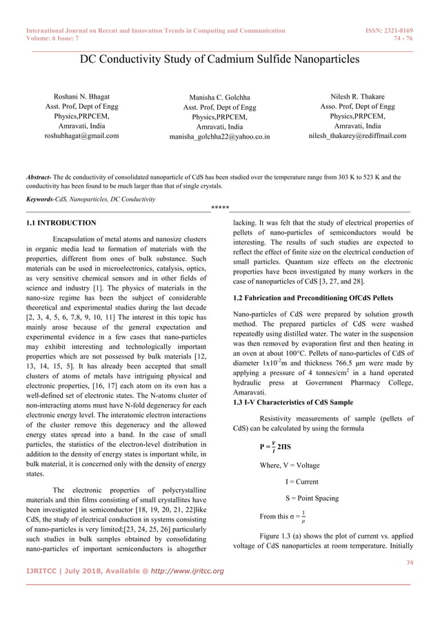 DC Conductivity Study of Cadmium Sulfide Nanoparticles