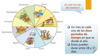  Un mes es cada
uno de los doce
períodos de
tiempo en que se
divide el año.
Estos pueden
durar entre 28 y 31
días.
¿En qué mes del
año estamos?