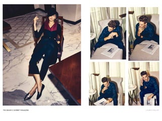 Previous page: Rafa wears white shirt, navy pants and black leather belt. Klaudia wears printed maxi dress, felt cap
and hardcase oxblood clutch. This page: Klaudia wears wrap coat, textured black culottes, black pointed slippers,
ring, earrings and bracelet. Opposite page: Rafa wears blue crew neck and navy trousers, all TED BAKER
LAUREN HASLAMTED BAKER X SORBET MAGAZINE
 