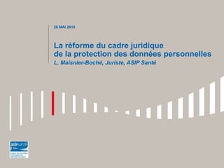 La réforme du cadre juridique
de la protection des données personnelles
L. Maisnier-Boché, Juriste, ASIP Santé
26 MAI 2016
 