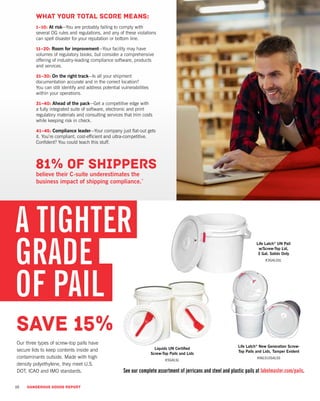 10 DANGEROUS GOODS REPORT
What your total score means:
1–10: At risk—You are probably failing to comply with
several DG rules and regulations, and any of these violations
can spell disaster for your reputation or bottom line.
11–20: Room for improvement—Your facility may have
volumes of regulatory books, but consider a comprehensive
offering of industry-leading compliance software, products
and services.
21–30: On the right track—Is all your shipment
documentation accurate and in the correct location?
You can still identify and address potential vulnerabilities
within your operations.
31–40: Ahead of the pack—Get a competitive edge with
a fully integrated suite of software, electronic and print
regulatory materials and consulting services that trim costs
while keeping risk in check.
41–45: Compliance leader—Your company just flat-out gets
it. You’re compliant, cost-efficient and ultra-competitive.
Confident? You could teach this stuff.
Our three types of screw-top pails have
secure lids to keep contents inside and
contaminants outside. Made with high
density polyethylene, they meet U.S.
DOT, ICAO and IMO standards.
A TIGHTER
GRADE
OF PAIL
Life Latch®
UN Pail
w/Screw-Top Lid,
3 Gal. Solids Only
K3GALSSL
Liquids UN Certified
Screw-Top Pails and Lids
K5GALSL
Life Latch®
New Generation Screw-
Top Pails and Lids, Tamper Evident
KNG312GALSS
believe their C-suite underestimates the
business impact of shipping compliance.*
See our complete assortment of jerricans and steel and plastic pails at labelmaster.com/pails.
 