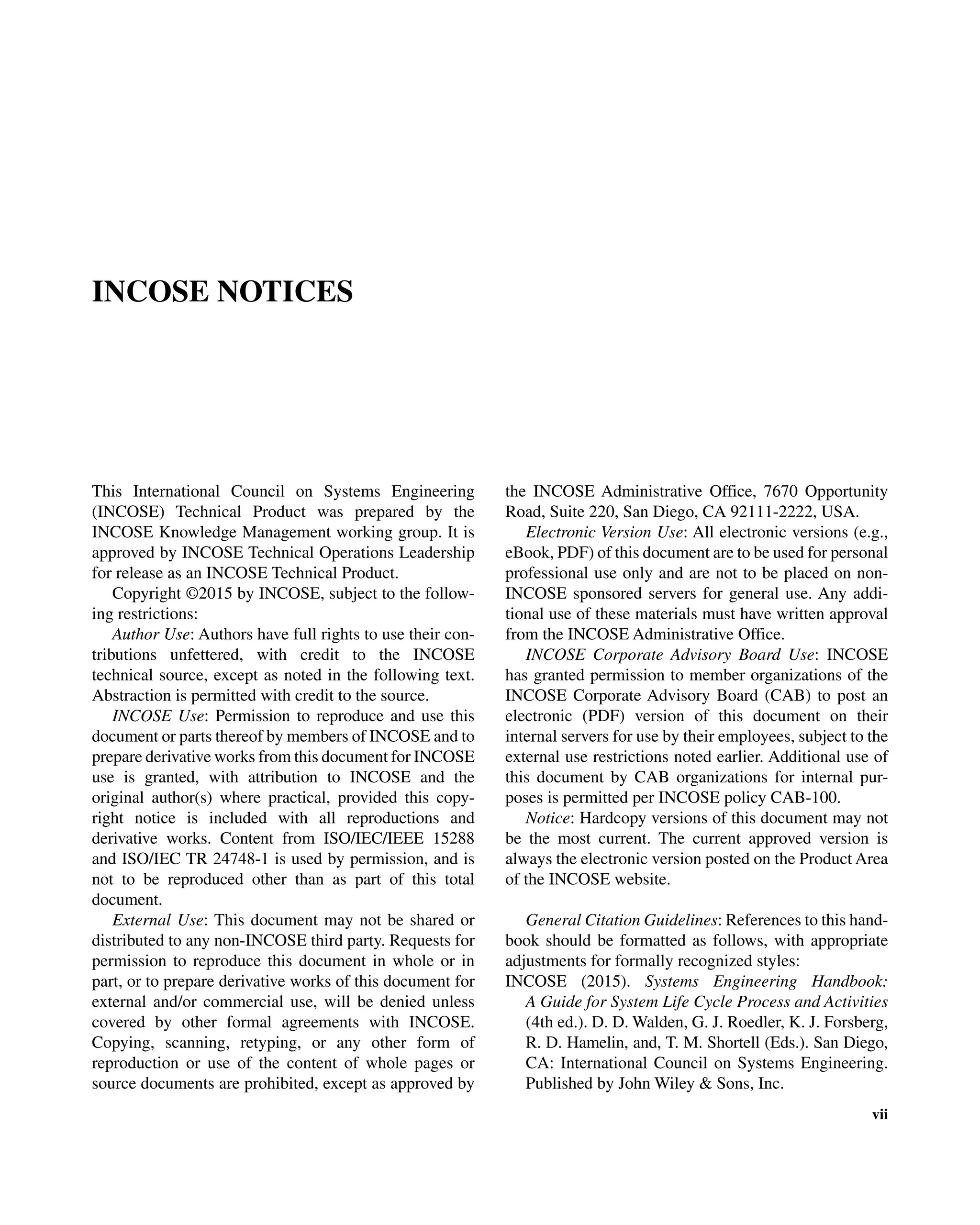 INCOSE Systems Engineering Handbook A Guide for System Life Cycle ...