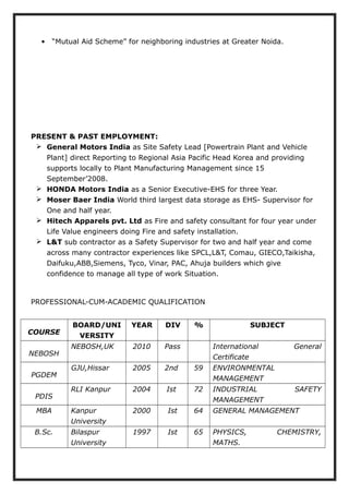• “Mutual Aid Scheme” for neighboring industries at Greater Noida.
PRESENT & PAST EMPLOYMENT:
 General Motors India as Site Safety Lead [Powertrain Plant and Vehicle
Plant] direct Reporting to Regional Asia Pacific Head Korea and providing
supports locally to Plant Manufacturing Management since 15
September’2008.
 HONDA Motors India as a Senior Executive-EHS for three Year.
 Moser Baer India World third largest data storage as EHS- Supervisor for
One and half year.
 Hitech Apparels pvt. Ltd as Fire and safety consultant for four year under
Life Value engineers doing Fire and safety installation.
 L&T sub contractor as a Safety Supervisor for two and half year and come
across many contractor experiences like SPCL,L&T, Comau, GIECO,Taikisha,
Daifuku,ABB,Siemens, Tyco, Vinar, PAC, Ahuja builders which give
confidence to manage all type of work Situation.
PROFESSIONAL-CUM-ACADEMIC QUALIFICATION
COURSE
BOARD/UNI
VERSITY
YEAR DIV % SUBJECT
NEBOSH
NEBOSH,UK 2010 Pass International General
Certificate
PGDEM
GJU,Hissar 2005 2nd 59 ENVIRONMENTAL
MANAGEMENT
PDIS
RLI Kanpur 2004 Ist 72 INDUSTRIAL SAFETY
MANAGEMENT
MBA Kanpur
University
2000 Ist 64 GENERAL MANAGEMENT
B.Sc. Bilaspur
University
1997 Ist 65 PHYSICS, CHEMISTRY,
MATHS.
 