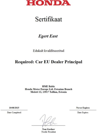 Certification car EU Dealer Principal