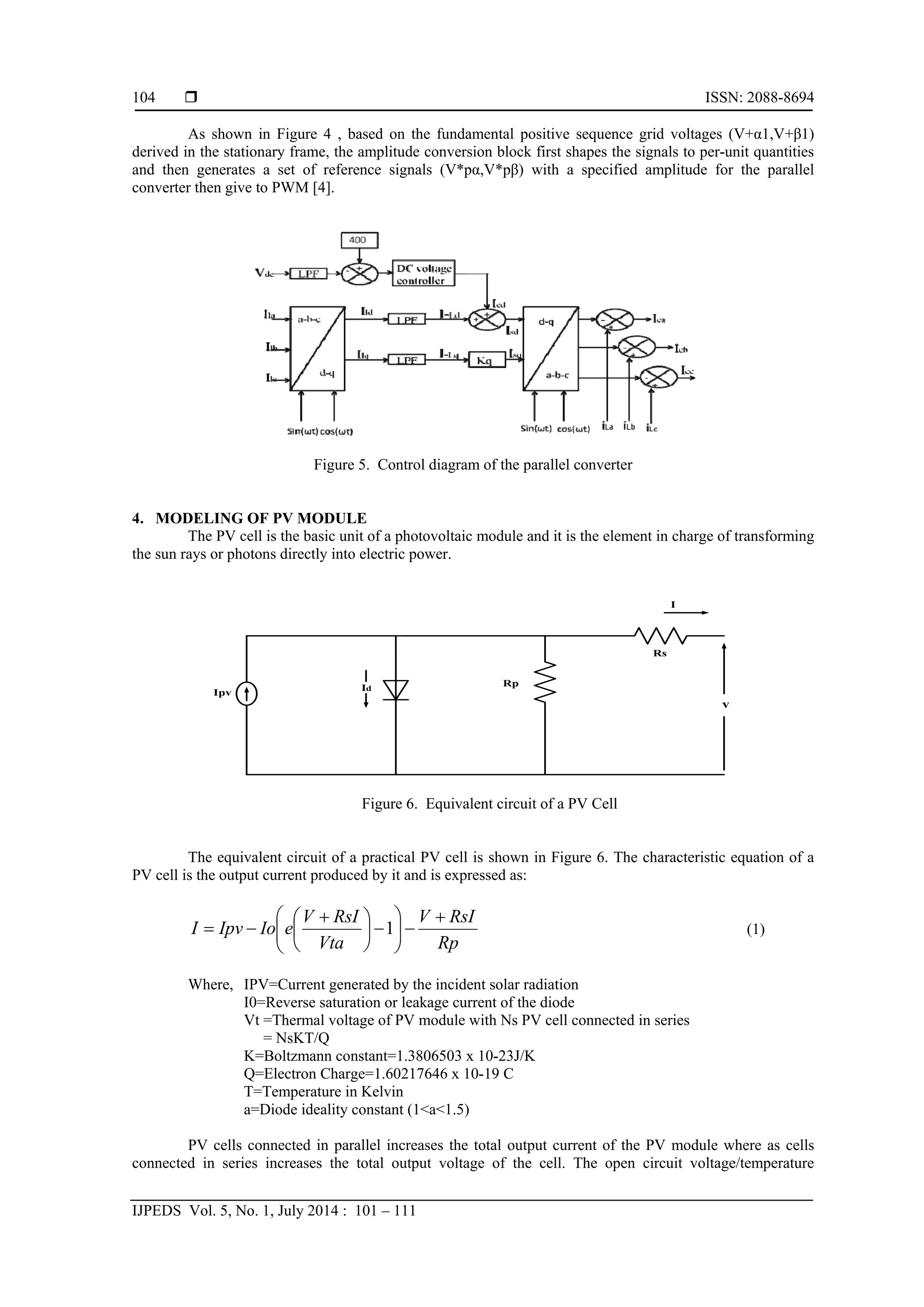  ISSN: 2088-8694
IJPEDS Vol. 5, No. 1, July 2014 : 101 – 111
104
As shown in Figure 4 , based on the fundamental positive sequence grid voltages (V+α1,V+β1)
derived in the stationary frame, the amplitude conversion block first shapes the signals to per-unit quantities
and then generates a set of reference signals (V*pα,V*pβ) with a specified amplitude for the parallel
converter then give to PWM [4].
Figure 5. Control diagram of the parallel converter
4. MODELING OF PV MODULE
The PV cell is the basic unit of a photovoltaic module and it is the element in charge of transforming
the sun rays or photons directly into electric power.
v
I
Rp
Rs
Id
Ipv
Figure 6. Equivalent circuit of a PV Cell
The equivalent circuit of a practical PV cell is shown in Figure 6. The characteristic equation of a
PV cell is the output current produced by it and is expressed as:
Rp
RsIV
Vta
RsIV
eIoIpvI












 
 1 (1)
Where, IPV=Current generated by the incident solar radiation
I0=Reverse saturation or leakage current of the diode
Vt =Thermal voltage of PV module with Ns PV cell connected in series
= NsKT/Q
K=Boltzmann constant=1.3806503 x 10-23J/K
Q=Electron Charge=1.60217646 x 10-19 C
T=Temperature in Kelvin
a=Diode ideality constant (1<a<1.5)
PV cells connected in parallel increases the total output current of the PV module where as cells
connected in series increases the total output voltage of the cell. The open circuit voltage/temperature
 