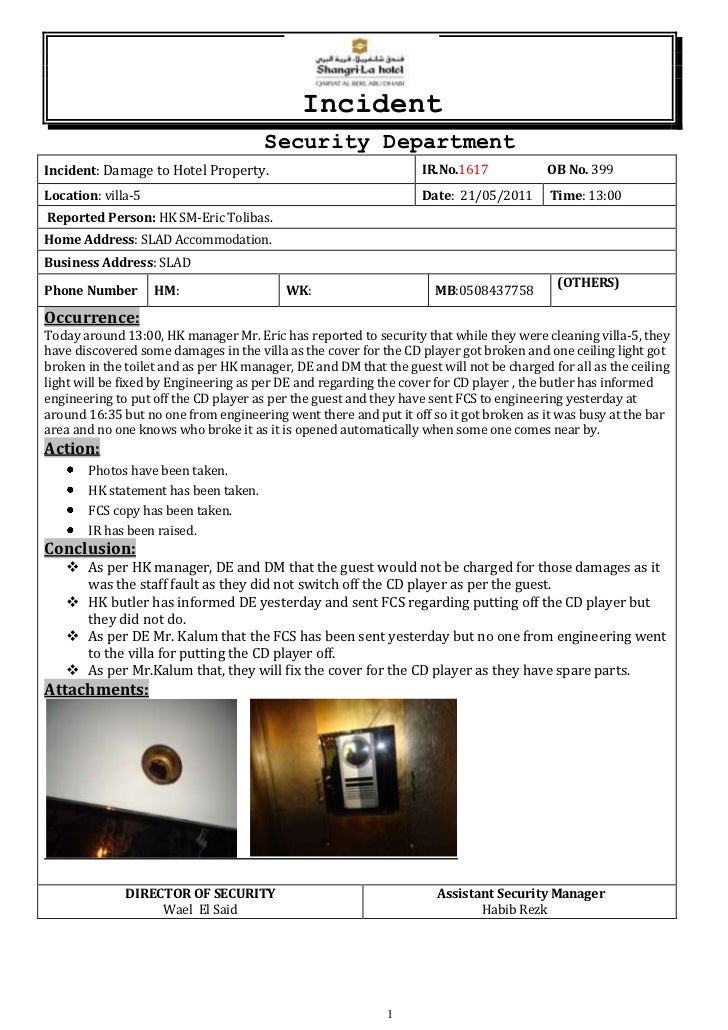 1617 damage of the hotel property