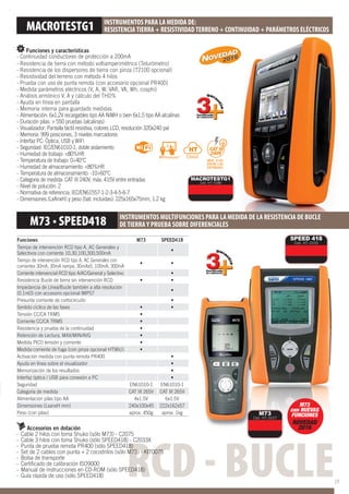 MACROTESTG1 INSTRUMENTOS PARA LA MEDIDA DE:
RESISTENCIATIERRA + RESISTIVIDADTERRENO + CONTINUIDAD + PARÁMETROS ELÉCTRICOS
MACROTESTG1
Cód. HT: 0186
RCD - BUCLE
Funciones M73 SPEED418
Tiempo de intervención RCD tipo A, AC Generales y
Selectivos con corriente 10,30,100,300,500mA
Tiempo de intervención RCD tipo A, AC Generales con
corrientes 30mA, 30mA rampa, 30mAx5, 100mA, 300mA
Corriente intervencial RCD tipo A/AC/General y Selectivo
Resistencia Bucle de tierra sin intervención RCD
Impedancia de Línea/Bucle también a alta resolución
(0.1m ) con accesorio opcional IMP57
Presunta corriente de cortocircuito
Sentido cíclico de las fases
Tensión CC/CA TRMS
Corriente CC/CA TRMS
Resistencia y prueba de la continuidad
Retención de Lectura, MAX/MIN/AVG
Medida PICO tensión y corriente
Medida corriente de fuga (con pinza opcional HT96U)
Activación medida con punta remota PR400
Ayuda en línea sobre el visualizador
Memorización de los resultados
Interfaz óptica / USB para conexión a PC
Seguridad EN61010-1 EN61010-1
Categoría de medida CAT III 265V CAT III 265V
Alimentación pilas tipo AA 4x1.5V 6x1.5V
Dimensiones (LxanxH mm) 240x100x45 222x162x57
Peso (con pilas) aprox. 450g aprox. 1kg
Accesorios en dotación
- Cable 2 hilos con toma Shuko (sólo M73) - C2075
- Cable 3 hilos con toma Shuko (sólo SPEED418) - C2033X
- Punta de prueba remota PR400 (sólo SPEED418)
- Set de 2 cables con punta + 2 cocodrilos (sólo M73) - KIT0075
- Bolsa de transporte
- Certiﬁcado de calibración ISO9000
- Manual de instrucciones en CD-ROM (sólo SPEED418)
- Guía rápida de uso (sólo SPEED418)
INSTRUMENTOS MULTIFUNCIONES PARA LA MEDIDA DE LA RESISTENCIA DE BUCLE
DETIERRAY PRUEBA SOBRE DIFERENCIALES
M73
Cód. HT: 0157
SPEED 418
Cód. HT: 0155
M73
con NUEVAS
FUNCIONES
NOVEDAD
2016
Funciones y características
- Continuidad conductores de protección a 200mA
- Resistencia de tierra con método voltiamperimétrico (Telurómetro)
- Resistencia de los dispersores de tierra con pinza (T2100 opcional)
- Resistividad del terreno con método 4 hilos
- Prueba con uso de punta remota (con accesorio opcional PR400)
- Medida parámetros eléctricos (V, A, W, VAR, VA, Wh, cosphi)
- Análisis armónico V, A y cálculo del THD%
- Ayuda en línea en pantalla
- Memoria interna para guardado medidas
- Alimentación: 6x1.2V recargables tipo AA NiMH o bien 6x1.5 tipo AA alcalinas
- Duración pilas: > 550 pruebas (alcalinas)
- Visualizador: Pantalla táctil resistiva, colores LCD, resolución 320x240 pxl
- Memoria: 999 posiciones, 3 niveles marcadores
- Interfaz PC: Óptica, USB y WiFi
- Seguridad: IEC/EN61010-1, doble aislamiento
- Humedad de trabajo: <80%HR
- Temperatura de trabajo: 0÷40°C
- Humedad de almacenamiento: <80%HR
- Temperatura de almacenamiento: -10÷60°C
- Categoría de medida: CAT III 240V, máx. 415V entre entradas
- Nivel de polución: 2
- Normativa de referencia: IEC/EN61557-1-2-3-4-5-6-7
- Dimensiones (LxAnxH) y peso (bat. incluidas): 225x165x75mm, 1.2 kg
2016
MÁX. 415V
ENTRE LAS
ENTRADAS
CAT III
240V
15
 