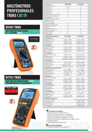 Funciones HT401TRMS HT701TRMS
Medida en TRMS
Tensión CA LoZ
Tensión CC
Corriente CA
Corriente CC
Resistencia
Test continuidad + zumbador
Frecuencia + temperatura
Capacidades
Aislamiento hasta 1000VCC
Memoria interna
Ciclo de Trabajo
Prueba de diodos
Data HOLD / MAX / MIN
Detector de tensión
PEAK
Medida Relativa
Cambio escala manual
Retroiluminación
Autoapagado
Especiﬁcaciones técnicas HT401TRMS HT701TRMS
Tensión CC
Escala de medida: 0.01mV ÷ 1000V 0.01mV ÷ 1000V
Resolución: 0.01mV ÷ 0.1V 0.01mV ÷ 0.1V
Precisión base:
Protección: 1000VCC/CArms 1000VCC/CArms
Tensión CA
Escala de medida: 0.01mV ÷ 1000V 0.01mV ÷ 1000V
Resolución: 0.01mV ÷ 0.1V 0.01mV÷0.1V
Precisión base:
Protección: 1000VCC/CArms 1000VCC/CArms
Corriente CC
Escala de medida: 0.01mA ÷ 10A 0.01mA ÷ 400mA
Resolución: 0.01mA ÷ 0.01A 0.01 mA ÷ 0.1A
Precisión base:
Protección: Fusibles 440mA+11A/1kV Fusibles 440mA/1kV
Corriente CA
Escala de medida: 0.01mA ÷ 10A 0.01mA ÷ 400mA
Resolución: 0.01mA ÷ 0.01A 0.01 mA ÷ 0.1A
Precisión base:
Protección: Fusibles 440mA+11A/1kV Fusibles 440mA/1kV
Resistencia y Test Continuidad
Escala de medida: 0.1 ÷ 40M 0.1 ÷ 40M
Resolución: 0.1 ÷ 0.01M 0.1 ÷ 0.01M
Precisión base:
Test continuidad:
Protección: 1000VCC/CArms 1000VCC/CArms
Frecuencia
Escala de medida: 0.01Hz ÷ 100kHz 0.01Hz ÷ 100kHz
Resolución: 0.01Hz ÷0.01kHz 0.01Hz ÷ 0.01kHz
Precisión base:
Protección: 1000VCC/CArms 1000VCC/CArms
Capacidades
Escala de medida: 0.001μF ÷ 10mF 0.001μF ÷ 40mF
Resolución: 0.001μF ÷ 0.01mF 0.001μF ÷ 0.01mF
Precisión base:
Protección: 1000VCC/CArms 1000VCC/CArms
Temperatura
Escala de medida: -40ºC ÷ 400ºC
Resolución: 0.1ºC 0.1ºC
Precisión base:
Protección: 1000VCC/CArms 1000VCC/CArms
Medida de Aislamiento
Tensión de prueba:
Escala de medida:
Resolución: 0.001M ÷ 0.1G
Precisión base:
Protección: 1000VCC/CArms
HT401TRMS
Cód. HT: 0654
MULTÍMETRO PROFESIONAL
CC + CA TRMS CATIV
MULTÍMETRO PROFESIONAL CATIV
CON MEDIDOR DE AISLAMIENTO
ULTÍMETROS
Accesorios en dotación
-
- Sonda de temperatura tipo K + adaptador
-
-
-
- Protector de goma
- Pila + Manual de instrucciones
Accesorios opcionales
-
HT701 TRMS
Cód. HT: 0655
33
 