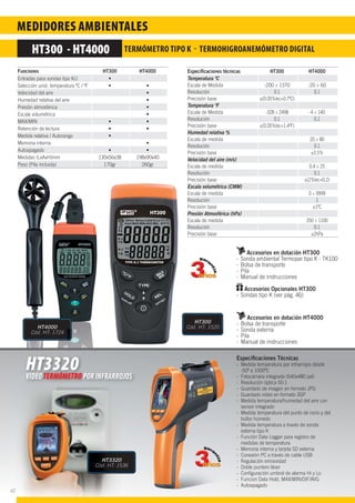 MEDIDORES AMBIENTALES
HT4000
Cód. HT: 1724
HT300 - HT4000 TERMÓMETRO TIPO K - TERMOHIGROANEMÓMETRO DIGITAL
Funciones HT300 HT4000
Entradas para sondas tipo K/J
Selección unid. temperatura ºC / ºF
Velocidad del aire
Humedad relativa del aire
Presión atmosférica
Escala volumétrica
MAX/MIN
Retención de lectura
Medida relativa / Autorango
Memoria interna
Autoapagado
Medidas (LxAxH)mm 130x56x38 198x90x40
Peso (Pila incluida) 170gr 260gr
Accesorios en dotación HT300
- Sonda ambiental Termopar tipo K - TK100
- Bolsa de transporte
- Pila
- Manual de instrucciones
Accesorios Opcionales HT300
- Sondas tipo K (ver pág. 46)
Accesorios en dotación HT4000
- Bolsa de transporte
- Sonda externa
- Pila
- Manual de instrucciones
Especiﬁcaciones técnicas HT300 HT4000
Temperatura ºC
Escala de Medida -200 ÷ 1370 -20 ÷ 60
Resolución 0.1 0.1
Precisión base ±(0.05%lec+0.7ºC)
Temperatura ºF
Escala de Medida -328 ÷ 2498 -4 ÷ 140
Resolución 0.1 0.1
Precisión base ±(0.05%lec+1.4ºF)
Humedad relativa %
Escala de medida 20 ÷ 80
Resolución 0.1
Precisión base ±3.5%
Velocidad del aire (m/s)
Escala de medida 0.4 ÷ 25
Resolución 0.1
Precisión base ±(2%lec+0.2)
Escala volumétrica (CMM)
Escala de medida 0 ÷ 9999
Resolución 1
Precisión base ±1ºC
Presión Atmosférica (hPa)
Escala de medida 350 ÷ 1100
Resolución 0.1
Precisión base ±2hPa
Especiﬁcaciones Técnicas
- Medida temperatura por infrarrojos desde
-50º a 1000ºC
- Fotocámara integrada (640x480 pxl)
- Resolución óptica 50:1
- Guardado de imagen en formato JPG
- Guardado video en formato 3GP
- Medida temperatura/humedad del aire con
sensor integrado
- Medida temperatura del punto de rocío y del
bulbo húmedo
- Medida temperatura a través de sonda
externa tipo K
- Función Data Logger para registro de
medidas de temperatura
- Memoria interna y tarjeta SD externa
- Conexión PC a través de cable USB
- Regulación emisividad
- Doble puntero láser
- Conﬁguración umbral de alarma Hi y Lo
- Funcion Data Hold, MAX/MIN/DIF/AVG
- Autoapagado
HT3320VIDEOTERMÓMETROPORINFRARROJOS
HT300
Cód. HT: 1520
HT3320
Cód. HT: 1536
METROTT OJOSPORINFRARRO
Cód 5 0
0HT3320
536Cód. HT: 15
42
 