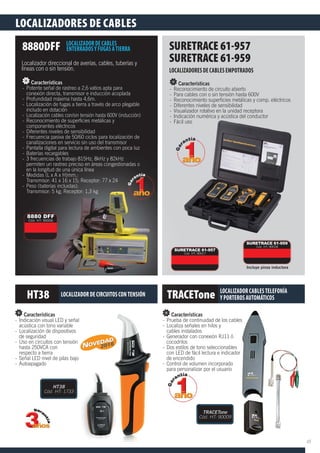 LOCALIZADORES DE CABLES
Características
- Prueba de continuidad de los cables
- Localiza señales en hilos y
cables instalados
- Generador con conexión RJ11 ó
cocodrilos
- Dos estilos de tono seleccionables
con LED de fácil lectura e indicador
de encendido
- Control de volumen incorporado
para personalizar por el usuario
Características
- Indicación visual LED y señal
acústica con tono variable
- Localización de dispositivos
de seguridad
- Uso en circuitos con tensión
hasta 250VCA con
respecto a tierra
- Señal LED nivel de pilas bajo
- Autoapagado
TRACETone LOCALIZADOR CABLESTELEFONÍA
Y PORTEROS AUTOMÁTICOS
TRACETone
Cód. HT: 90009
HT38
Cód. HT: 1733
Características
- Reconocimiento de circuito abierto
- Para cables con o sin tensión hasta 600V
- Reconocimiento superﬁcies metálicas y comp. eléctricos
- Diferentes niveles de sensibilidad
- Visualizador rotativo en la unidad receptora
- Indicación numérica y acústica del conductor
- Fácil uso
Características
- Potente señal de rastreo a 2,6 vatios apta para
conexión directa, transmisor e inducción acoplada
- Profundidad máxima hasta 4,6m.
- Localización de fugas a tierra a través de arco plegable
includo en dotación
- Localización cables con/sin tensión hasta 600V (inducción)
- Reconocimiento de superﬁcies metálicas y
componentes eléctricos
- Diferentes niveles de sensibilidad
- Frecuencia pasiva de 50/60 ciclos para localización de
canalizaciones en servicio sin uso del transmisor
- Pantalla digital para lectura de ambientes con poca luz
- Baterías recargables
- 3 frecuencias de trabajo 815Hz, 8kHz y 82kHz
permiten un rastreo preciso en áreas congestionadas o
en la longitud de una única línea
- Medidas (L x A x H)mm.:
Transmisor: 41 x 16 x 15; Receptor: 77 x 24
- Peso (baterías incluidas):
Transmisor: 5 kg; Receptor: 1,3 kg
SURETRACE 61-957
SURETRACE 61-959
LOCALIZADORES DE CABLES EMPOTRADOS
8880DFF LOCALIZADOR DE CABLES
ENTERRADOSY FUGAS ATIERRA
Característic
Prueba de con
CCararacacteteríríststici as
Indicación visual LED y señañall
TRACET
- Pantalla digital para lectura de ambientes con poca luz
- Baterías recargables
- 3 frecuencias de trabajo 815Hzz,, 8k8kHzHz yy 882k2kHzHz
permiten un rastreo prececisisoo en áreas congestionadadass oo
en la longitud de unnaa úúnica línea
- Medidas (L x A xx HH)mm.:
Transmisor: 4141 x 16 x 15; Receptor: 77 x 24
- Peso (bateríríaas incluidas):
Transm
( te )
misoor: 5 kg; Receptor: 1,3 kg
SURETRACE 61-957
Cód. HT: 90017
Incluye pinza inductora
SURETRACE 61-959
Cód. HT: 90018
2016
8880 DFF
Cód. HT: 90006
Localizador direccional de averías, cables, tuberías y
líneas con o sin tensión.
HT38 LOCALIZADOR DE CIRCUITOS CONTENSIÓN
pa a pe so a a
2016
45
 