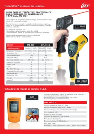 Termómetros Profesionales por Infrarrojos
Indicador de la rotación de las fases (R.S.T.)
NUEVA GAMA DE TERMÓMETROS PROFESIONALES
POR INFRARROJOS CON PUNTERO LÁSER
Y TIPO K (sólo GTL 3301)
La nueva gama de Termómetros Profesionales por infrarrojos serie GTL3300
consta de 2 modelos diferenciados.
Además incorporan un amplio visualizador retroiluminado con registros y
alarma de los valores máximos, mínimos, diferencial, promedio y retención
de lectura automática.
Sus diferencias principales son:
- La resolución óptica que abarca desde 30:1 a 50:1.
- Dicha serie toma lecturas de temperatura sin contacto (por infrarrojos).
Incluye puntero láser para asegurar el punto de medida
(obteniendo una rápida y precisa lectura).
Instrumento digital para la medida de la Rotación de las Fases (R.S.T.),
con indicación de tensión entre las fases.
Gran visualizador LCD y protector de goma para caídas.
No necesita pilas para realizar las medidas.
MODELOS GTL 3301 GTL 3310
ESPECIFICACIONES ESCALAS RESOL. ESCALAS RESOL.
Temperatura Infrarrojos -50º a 1000º 0,1ºC -50º a 1000º 0,1ºC
Temperatura Tipo K -50º a 1370º 0,1ºC
Tiempo de Respuesta 1 seg. 1 seg.
Resolución Óptica 30:1 50:1
Alcance (ej.: objetos de 5 cm.) 1,5 metros 2,5 metros
Regulación Emisividad SI SI
Puntero Láser SI SI
ºC ó ºF SI SI
Max / Min / Dif / Avg SI SI
Visualizador Retroiluminado SI SI
Alarma Max / Min SI SI
Dimensiones (mm) 100 x 56 x 230 120 x 65 x 230
Peso (gr) 290 290
Código HT 13301 13310
CARACTERÍSTICAS
Tensión de trabajo CA desde 40 a 690V
Frecuencia de trabajo desde: 15Hz a 400Hz
Indicación “R” y “L” para la medida del sentido de giro
Gran visualizador LCD
Protector de goma anticaidas
Seguridad: IEC/EN61010-1, CAT III 600V
Alimentación: directa de red
Dimensiones (LxLaxH): 130x69x22mm
Peso: aprox. 130gr.
Accesorios: 3 cables + 3 cocodrilos + bolsa + manual instrucciones
00
n
L.
GTL 3301
Cód. HT: 13301
GTL 3310
Cód. HT: 13310
G80
Cód. HT: 13080
49
 