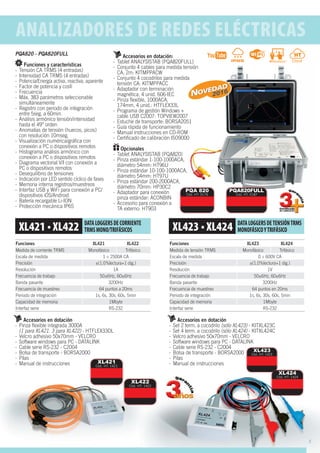 DATALOGGERSDECORRIENTE
TRMSMONO/TRIFÁSICOS
DATALOGGERSDETENSIÓNTRMS
MONOFÁSICOYTRIFÁSICO
Funciones XL421 XL422
Medida de corriente TRMS Monofásico Trifásico
Escala de medida 1 ÷ 2500A CA
Precisión ±(1.0%lectura+1 dig.)
Resolución 1A
Frecuencia de trabajo 50±6Hz, 60±6Hz
Banda pasante 3200Hz
Frecuencia de muestreo 64 puntos a 20ms
Periodo de integración 1s, 6s, 30s, 60s, 5min
Capacidad de memoria 1Mbyte
Interfaz serie RS-232
Funciones XL423 XL424
Medida de tensión TRMS Monofásico Trifásico
Escala de medida 0 ÷ 600V CA
Precisión ±(1.0%lectura+1 dig.)
Resolución 1V
Frecuencia de trabajo 50±6Hz, 60±6Hz
Banda pasante 3200Hz
Frecuencia de muestreo 64 puntos en 20ms
Periodo de integración 1s, 6s, 30s, 60s, 5min
Capacidad de memoria 1Mbyte
Interfaz serie RS-232
Accesorios en dotación
- Pinza ﬂexible integrada 3000A
(1 para XL421. 3 para XL422) - HTFLEX33DL
- Velcro adhesivo 50x70mm - VELCRO
- Software windows para PC - DATALINK
- Cable serie RS-232 - C2004
- Bolsa de transporte - BORSA2000
- Pilas
- Manual de instrucciones
Accesorios en dotación
- Set 2 term. a cocodrilo (sólo XL423) - KITXL423C
- Set 4 term. a cocodrilo (sólo XL424) - KITXL424C
- Velcro adhesivo 50x70mm - VELCRO
- Software windows para PC - DATALINK
- Cable serie RS-232 - C2004
- Bolsa de transporte - BORSA2000
- Pilas
- Manual de instrucciones
ANALIZADORES DE REDES ELÉCTRICAS
XL421
Cód. HT: 1421
XL422
Cód. HT: 1422
XL423
Cód. HT: 1423
XL424
Cód. HT: 1424
PQA820 - PQA820FULL
Funciones y características
- Tensión CA TRMS (4 entradas)
- Intensidad CA TRMS (4 entradas)
- Potencia/Energía activa, reactiva, aparente
- Factor de potencia y cosﬁ
- Frecuencia
- Máx. 383 parámetros seleccionable
simultáneamente
- Registro con periodo de integración
entre 5seg. a 60min.
- Análisis armónico tensión/intensidad
hasta el 49° orden
- Anomalías de tensión (huecos, picos)
con resolución 10mseg.
- Visualización numérica/gráﬁca con
conexión a PC o dispositivos remotos
- Histograma análisis armónico con
conexión a PC o dispositivos remotos
- Diagrama vectorial V/I con conexión a
PC o dispositivos remotos
- Desequilibrio de tensiones
- Indicación por LED sentido cíclico de fases
- Memoria interna registros/muestreos
- Interfaz USB y WiFi para conexión a PC/
dispositivos iOS/Android
- Batería recargable Li-ION
- Protección mecánica IP65
Accesorios en dotación:
- Tablet ANALYSISTAB (PQA820FULL)
- Conjunto 4 cables para medida tensión
CA, 2m: KITMPPACW
- Conjunto 4 cocodrilos para medida
tensión CA: KITMPPACC
- Adaptador con terminación
magnética, 4 unid. 606-IEC
- Pinza ﬂexible, 1000ACA,
174mm, 4 unid.: HTFLEX33L
- Programa de gestión Windows +
cable USB C2007: TOPVIEW2007
- Estuche de transporte: BORSA2051
- Guía rápida de funcionamiento
- Manual instrucciones en CD-ROM
- Certiﬁcado de calibración ISO9000
Opcionales
- Tablet ANALYSISTAB (PQA820)
- Pinza estándar 1-100-1000ACA,
diámetro 54mm: HT96U
- Pinza estándar 10-100-1000ACA,
diámetro 54mm: HT97U
- Pinza estándar 200-2000ACA,
diámetro 70mm: HP30C2
- Adaptador para conexión
pinza estándar: ACONBIN
- Accesorio para conexión a
TA externo: HT903
PQA 820
Cód. HT: 0179
PQA820FULL
Cód. HT: 0187
2016
5
 