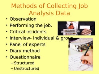 Methods of Collecting Job
Analysis Data
• Observation
• Performing the job.
• Critical incidents
• Interview- individual & group
• Panel of experts
• Diary method
• Questionnaire
– Structured
– Unstructured
 