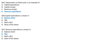 Q55. Depreciation on fixed asset, is an example of
A. Capital expenditure
B. Capital receipt
C. Revenue receipt
D. Revenue expenditure
Q56.Capital expenditure is shown in
A. Balance sheet
B. P&L
C. Both a & B
D. None of the above
Q57. Revenue expenditure is shown in
A. Balance sheet
B. P&L
C. Both a & B
D. None of the above
 