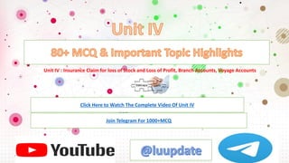 Unit IV : Insurance Claim for loss of Stock and Loss of Profit, Branch Accounts, Voyage Accounts
Click Here to Watch The Complete Video Of Unit IV
Join Telegram For 1000+MCQ
 