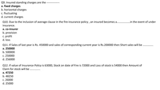 Q9. Insured standing charges are the --------------
a. fixed charges
b. horizontal charges
c. fluctuating
d. current charges
Q10. Due to the inclusion of average clause in the fire insurance policy , an insured becomes a……………….in the event of under
insurance.
a. co-insurer
b. provision
c. profit
d. loss
Q11. If Sales of last year is Rs. 450000 and sales of corresponding current year is Rs.200000 then Short sales will be ……………
a. 250000
b. 500000
c. 250000
d. 256000
Q12. If value of Insurance Policy is 63000, Stock on date of Fire is 72000 and Loss of stock is 54000 then Amount of
Claim for stock will be ……………
a. 47250
b. 48250
c. 26000
d. 25000
 