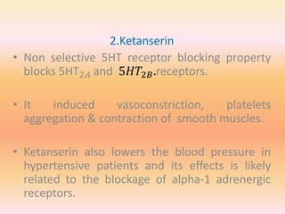 2.Ketanserin
• Non selective 5HT receptor blocking property
blocks 5HT2𝐴 and 5𝐻𝑇2𝐵.receptors.
• It induced vasoconstriction, platelets
aggregation & contraction of smooth muscles.
• Ketanserin also lowers the blood pressure in
hypertensive patients and its effects is likely
related to the blockage of alpha-1 adrenergic
receptors.
 